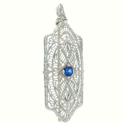 1920's Filigree Platinum Over 14K WG Gold Bright Blue Sapphire Pin/Pendant