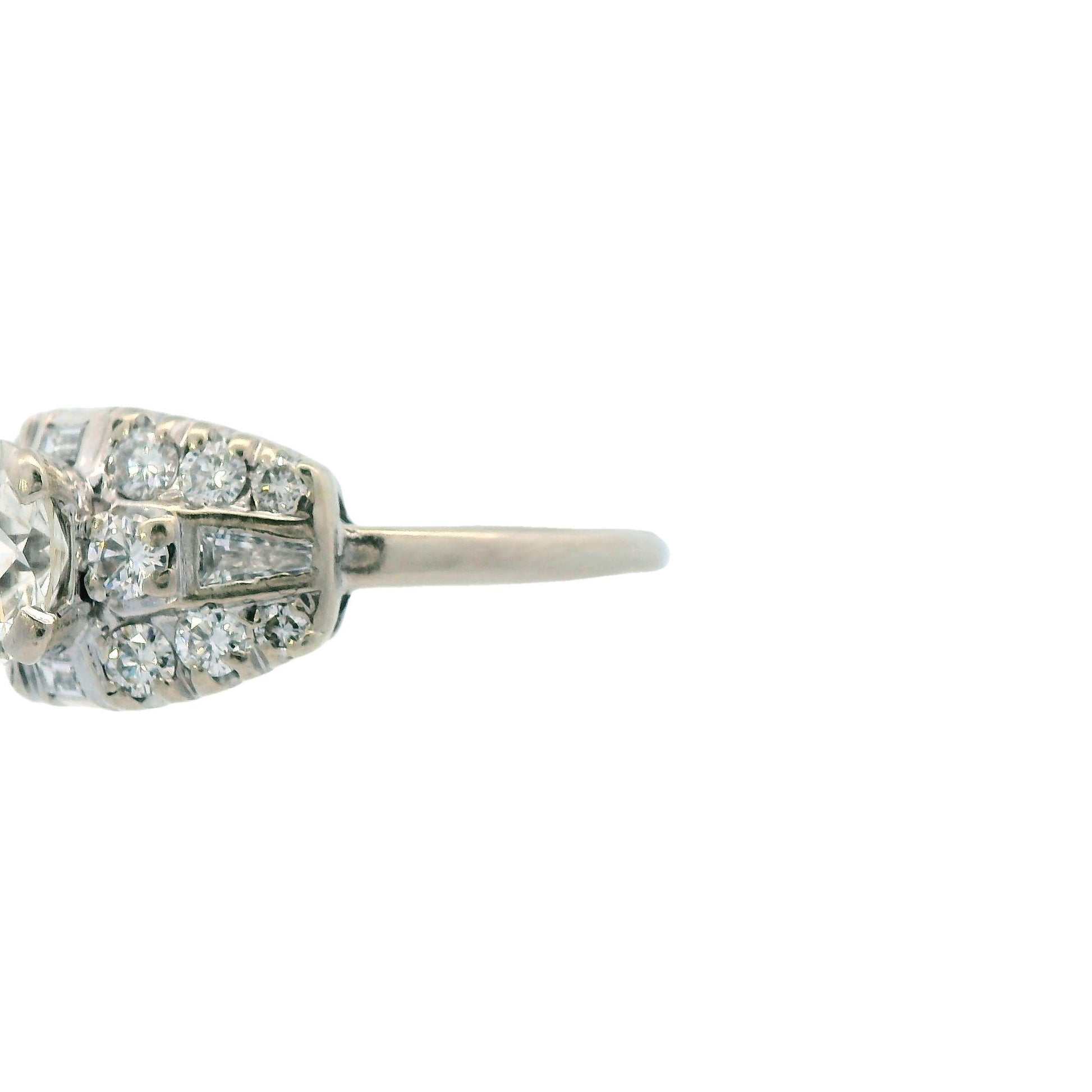 1950s Deco 14k White Gold and Round/Baguette Diamond Ring
