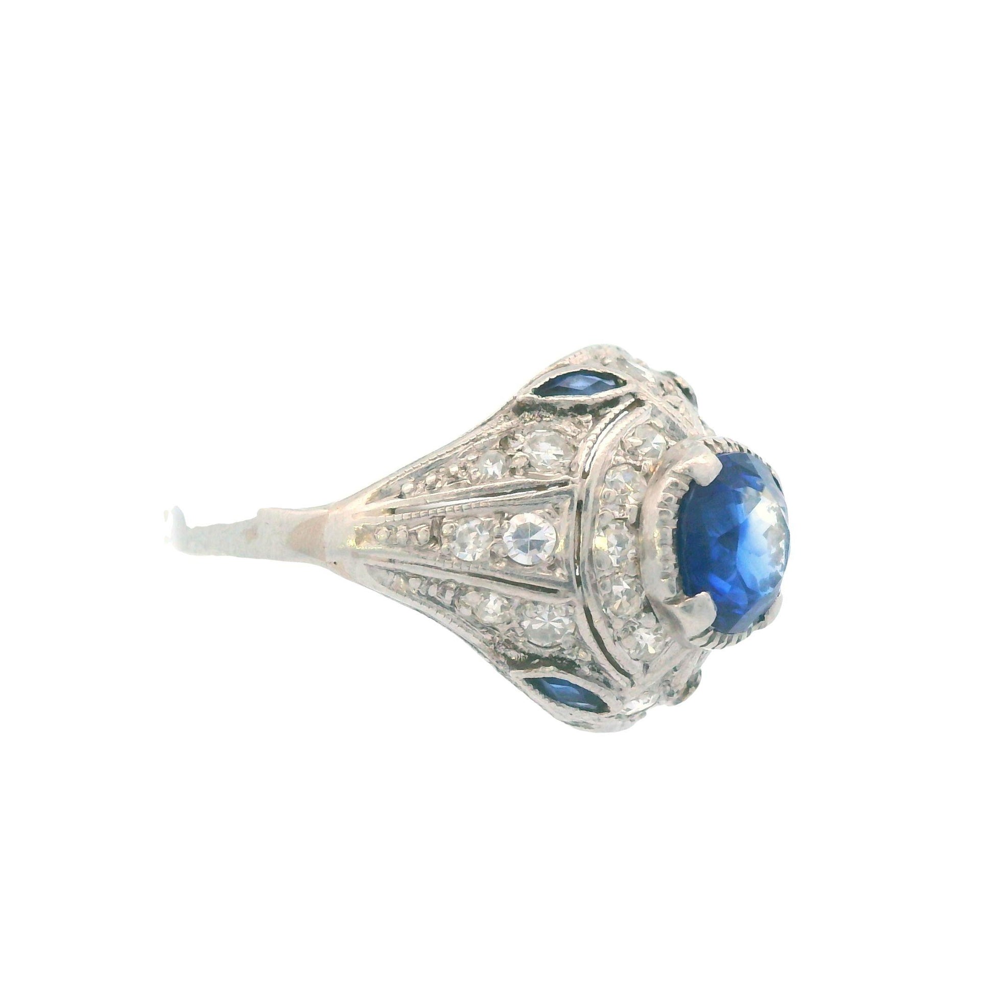 1915 Art Deco Platinum Diamond and Sapphire Ring