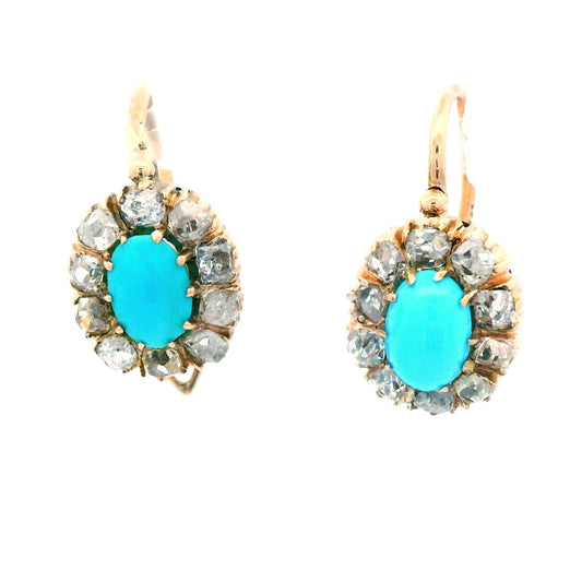 1880 Victorian Russian 14 Karat Gold Turquoise Diamond Drop Earrings