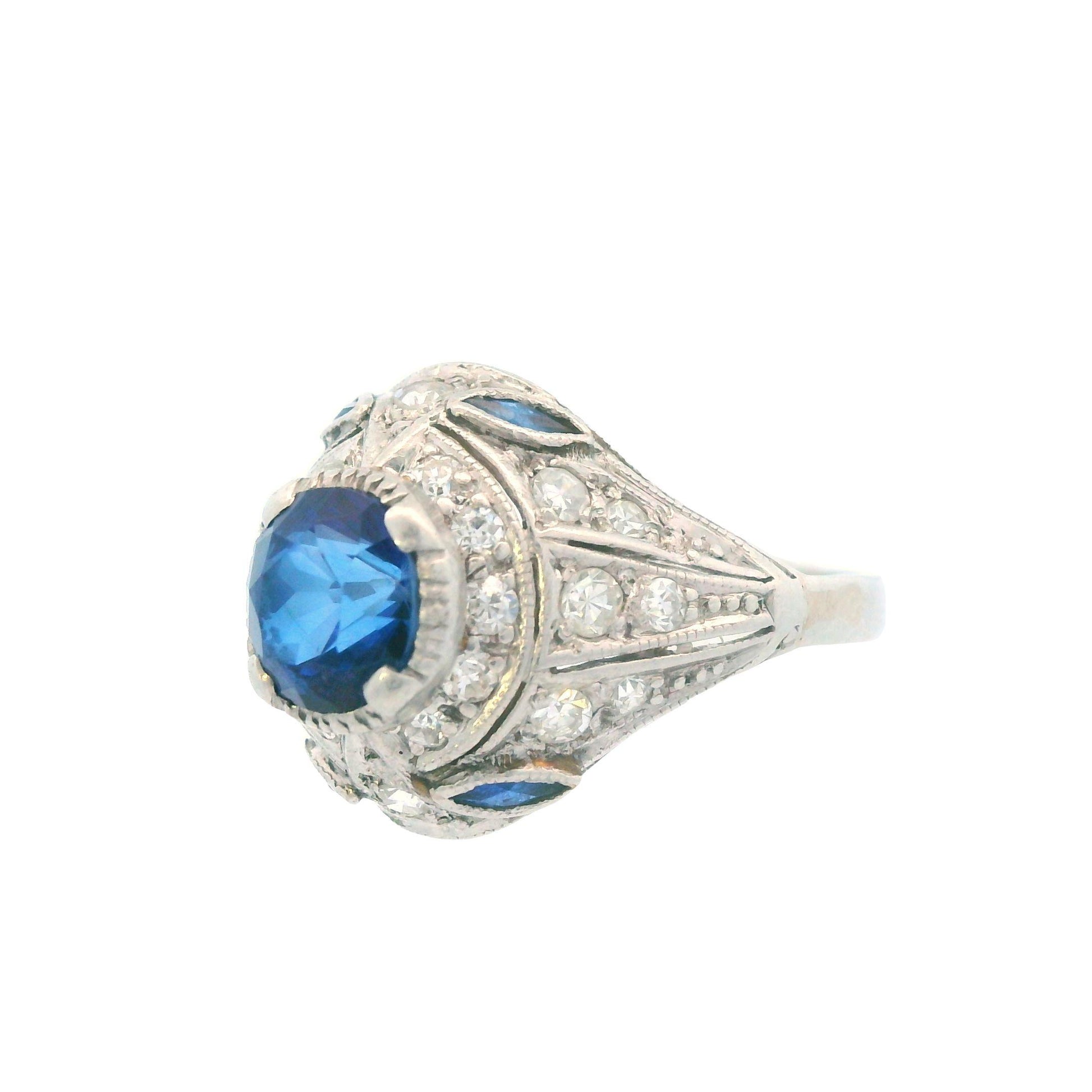1915 Art Deco Platinum Diamond and Sapphire Ring