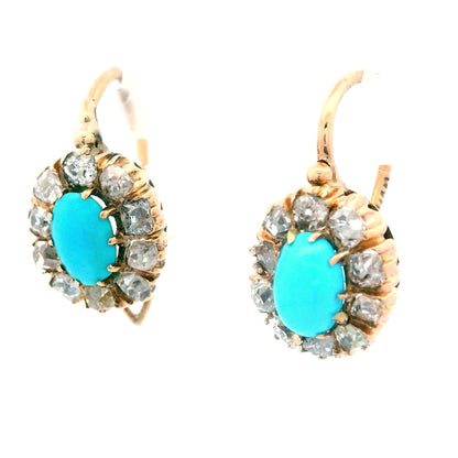 1880 Victorian Russian 14 Karat Gold Turquoise Diamond Drop Earrings