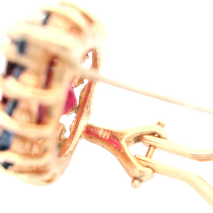 1980s 14K Yellow Gold Natural Reddish Pink Tourmaline and Blue Sapphire Earrings