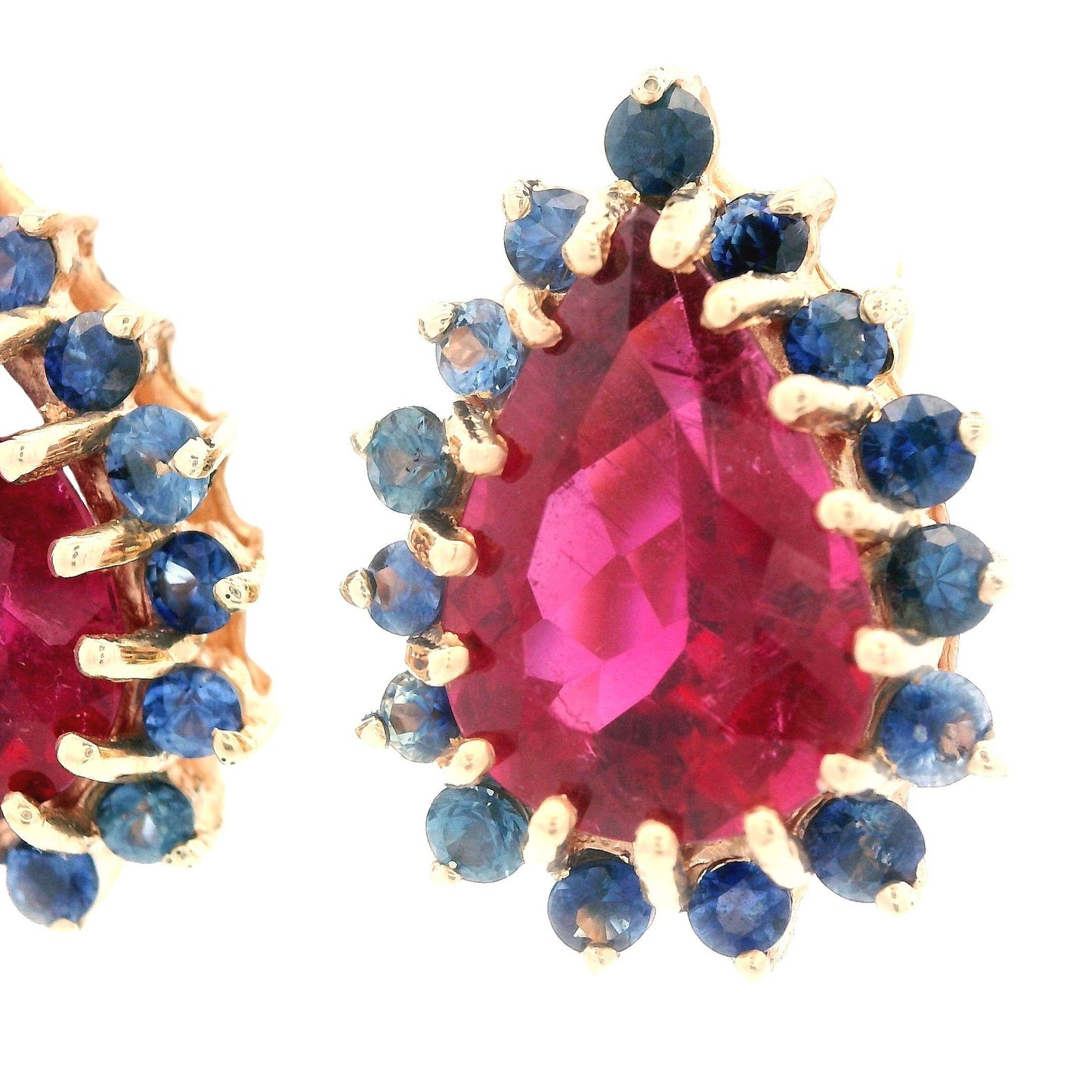 1980s 14K Yellow Gold Natural Reddish Pink Tourmaline and Blue Sapphire Earrings