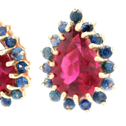 1980s 14K Yellow Gold Natural Reddish Pink Tourmaline and Blue Sapphire Earrings