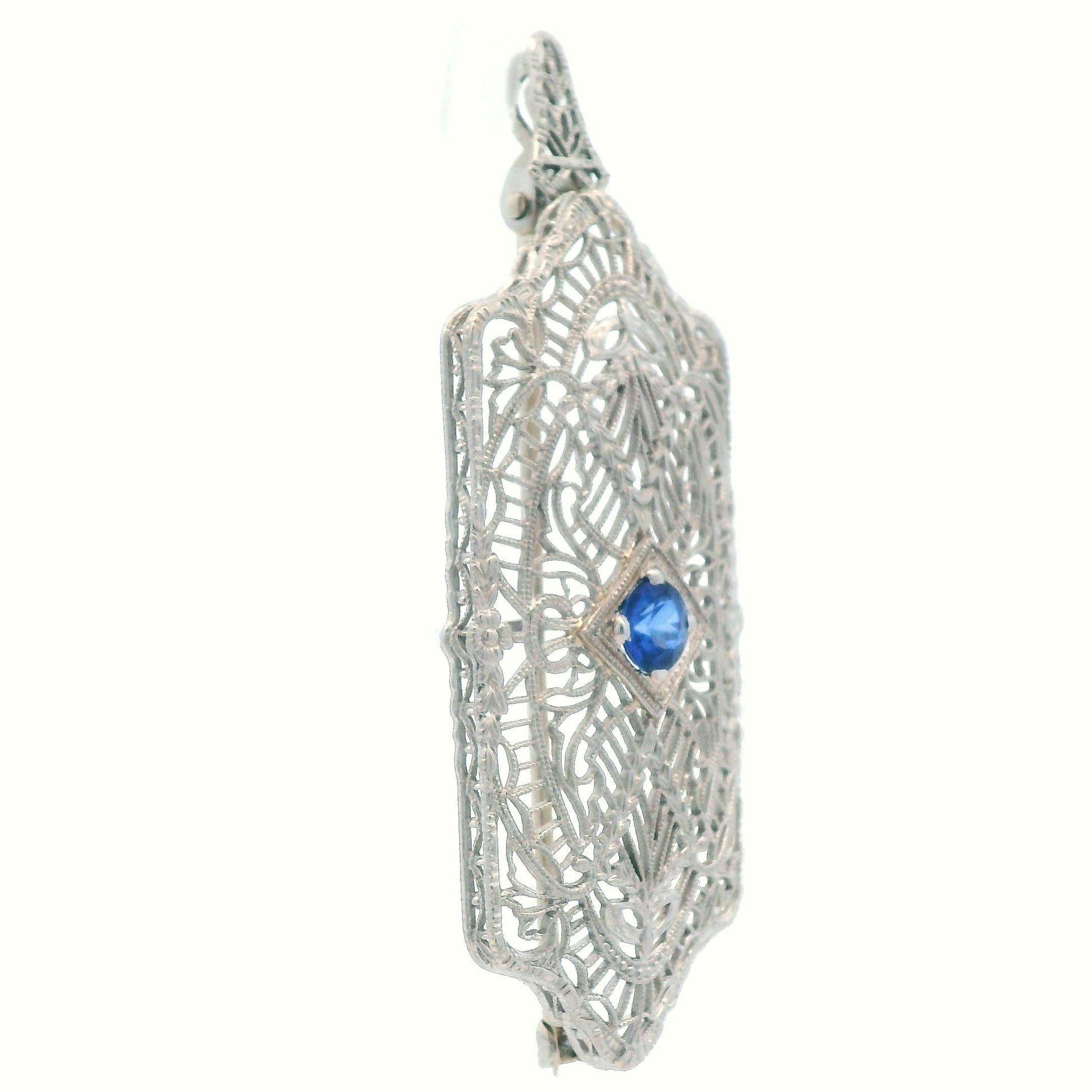 1920's Filigree Platinum Over 14K WG Gold Bright Blue Sapphire Pin/Pendant