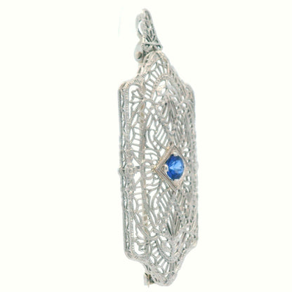 1920's Filigree Platinum Over 14K WG Gold Bright Blue Sapphire Pin/Pendant