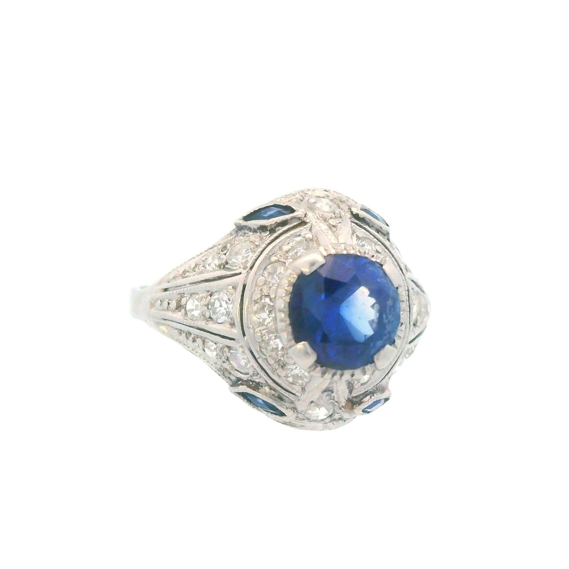1915 Art Deco Platinum Diamond and Sapphire Ring