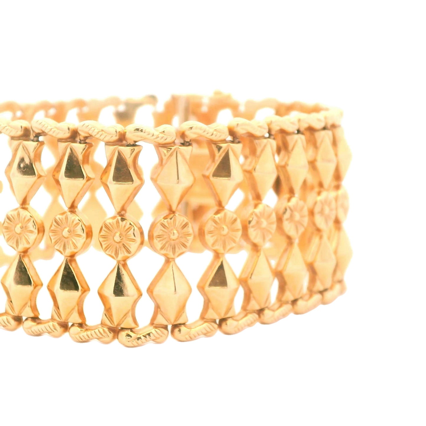 1950s 18k Yellow Gold Italian Fancy Link Bracelet 1 Inch Wide