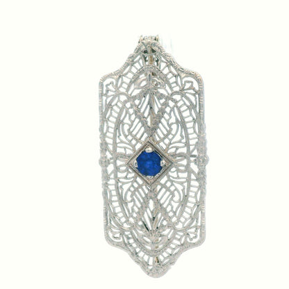 1920's Filigree Platinum Over 14K WG Gold Bright Blue Sapphire Pin/Pendant