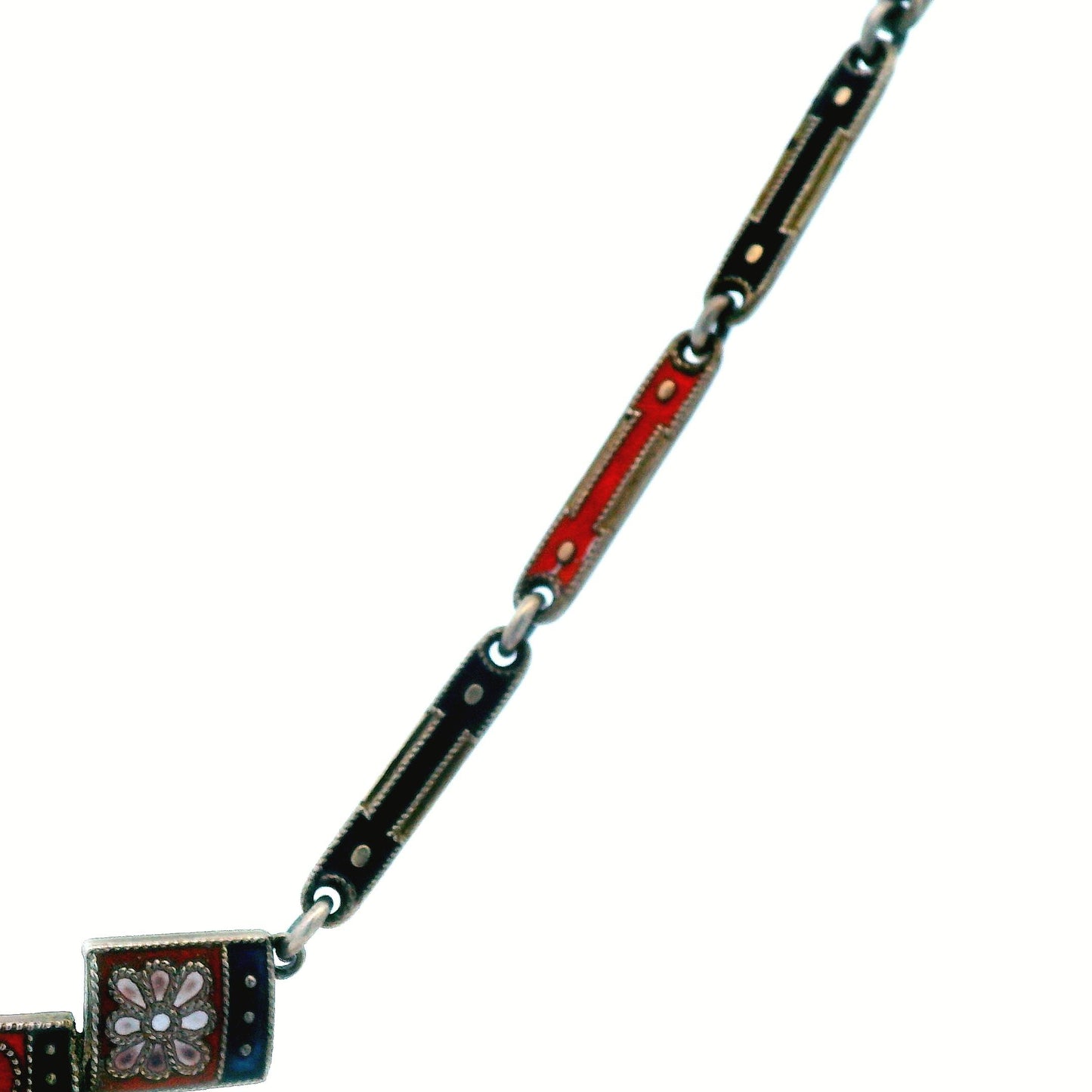 1910 Art Noveau Red, Black and White Enamel Sterling Silver Necklace