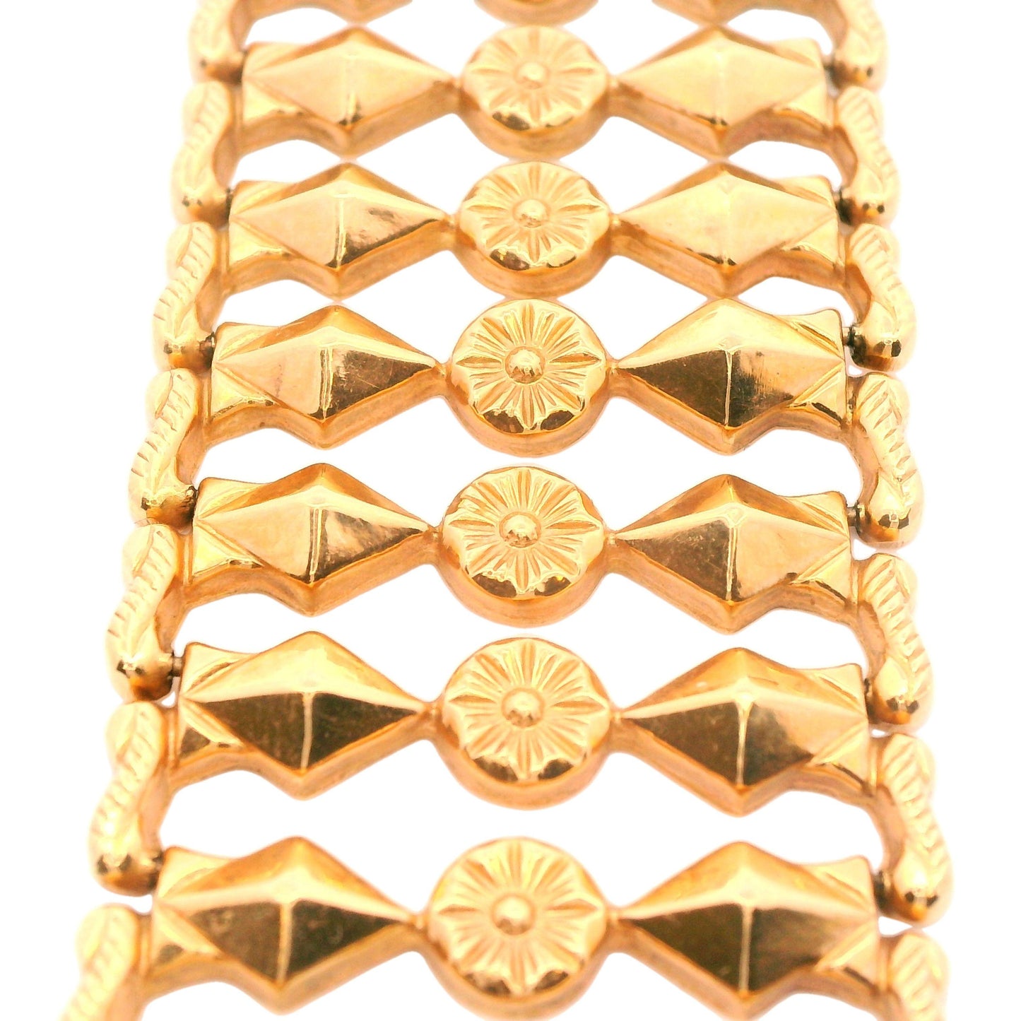 1950s 18k Yellow Gold Italian Fancy Link Bracelet 1 Inch Wide