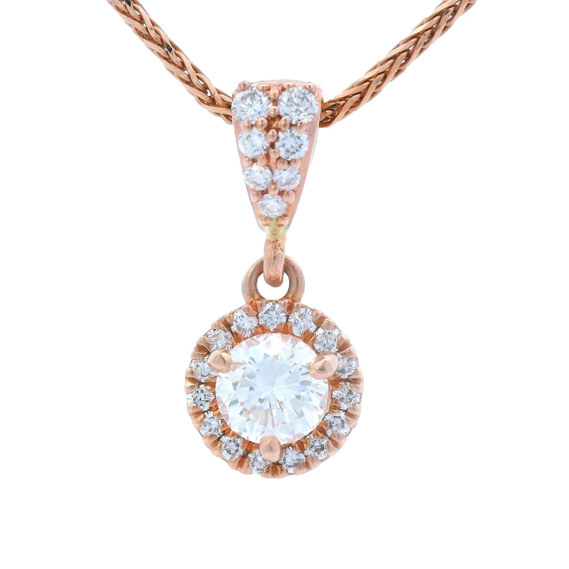 Contemporary 14k Rose Gold Diamond Drop Pendant w/ 18" Wheat Chain