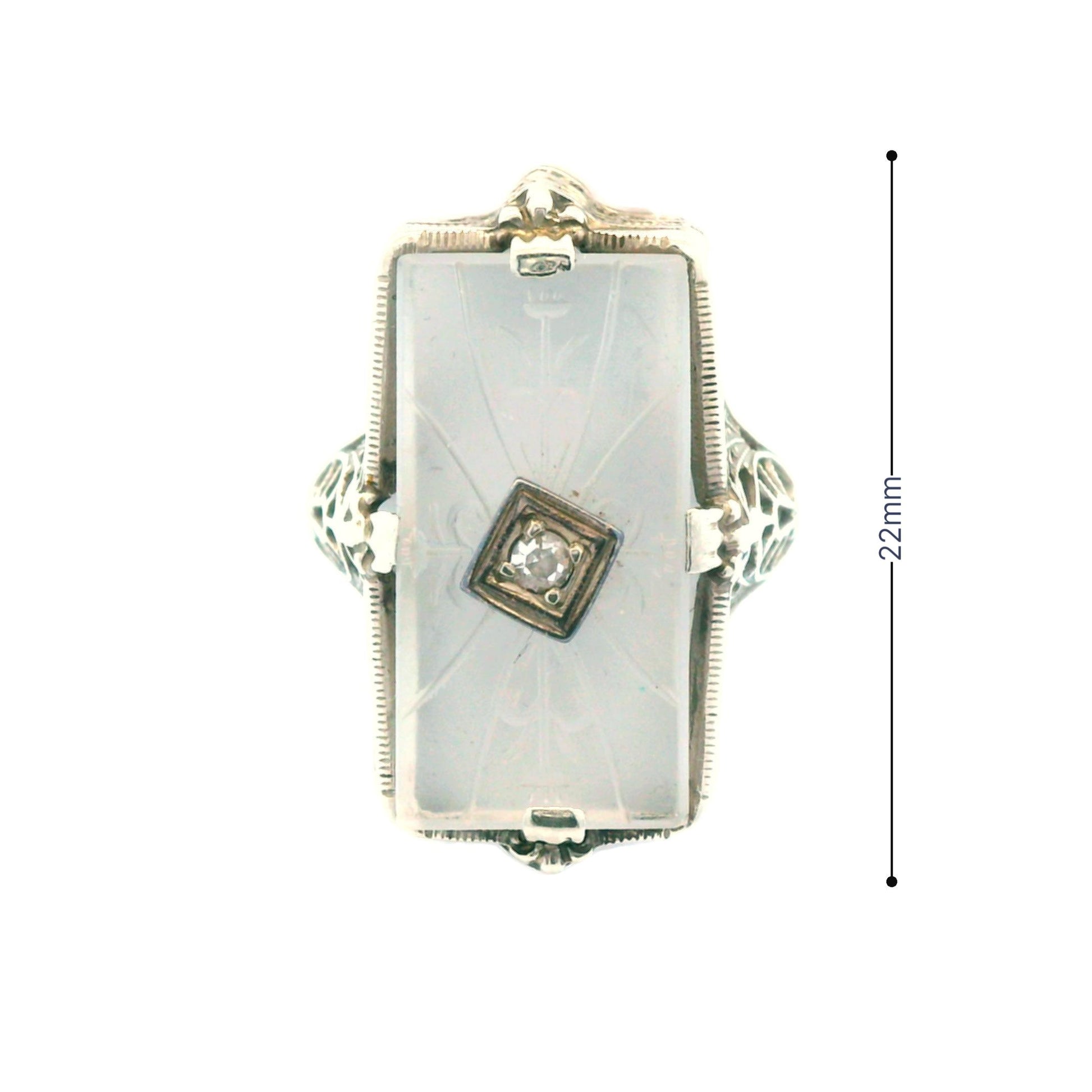 1920s Hand Carved Rock Crystal & Diamond 14k White Gold Filigree Ring