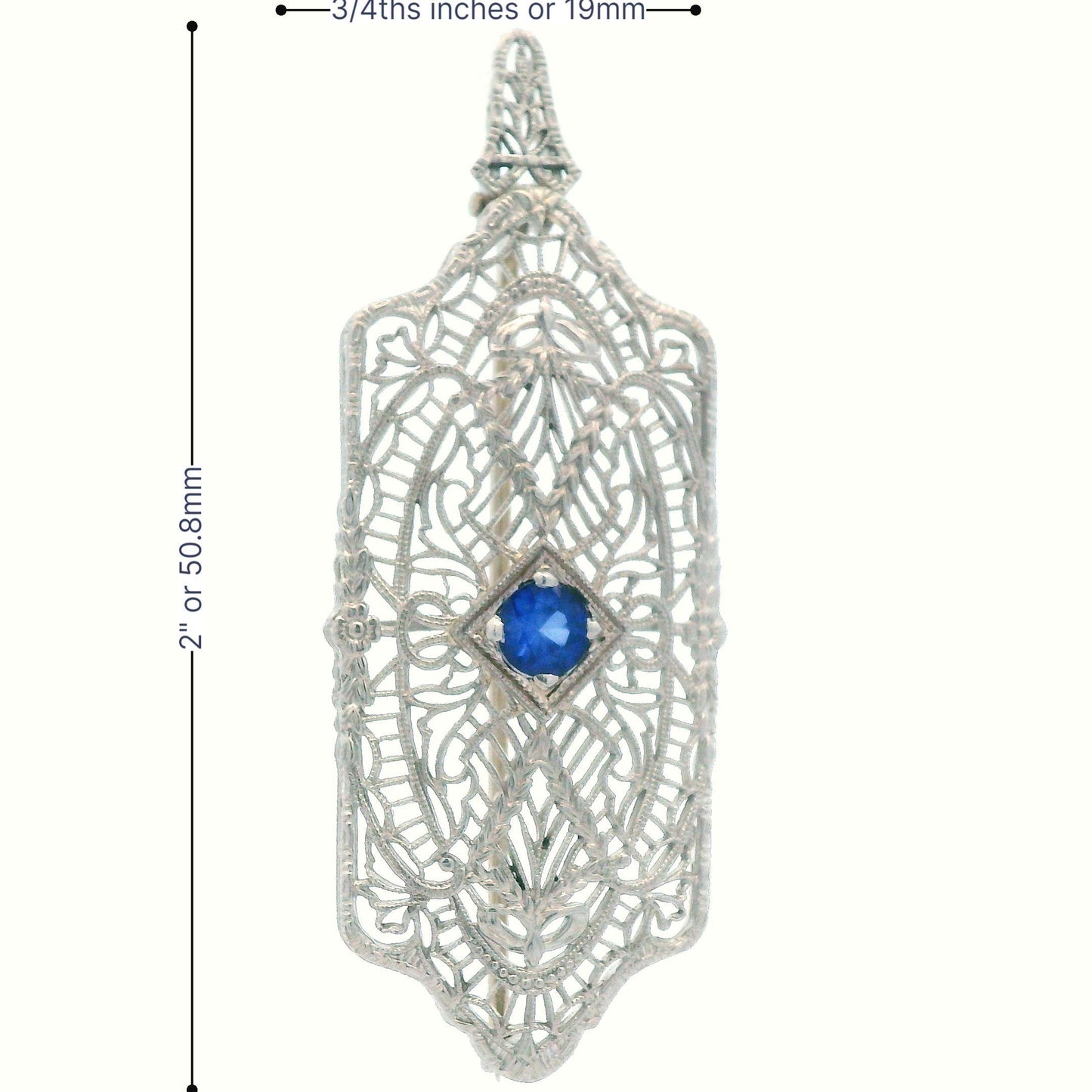 1920's Filigree Platinum Over 14K WG Gold Bright Blue Sapphire Pin/Pendant