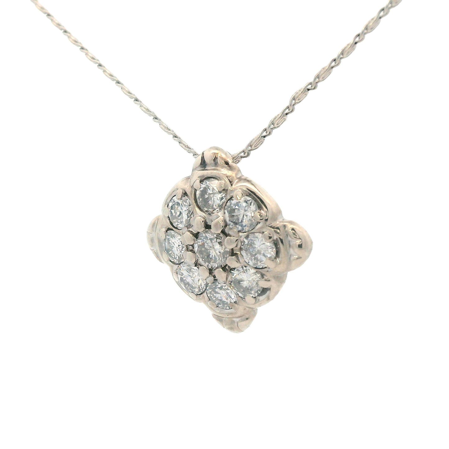 1960s 14k White Gold Diamond Cluster Pendant Necklace