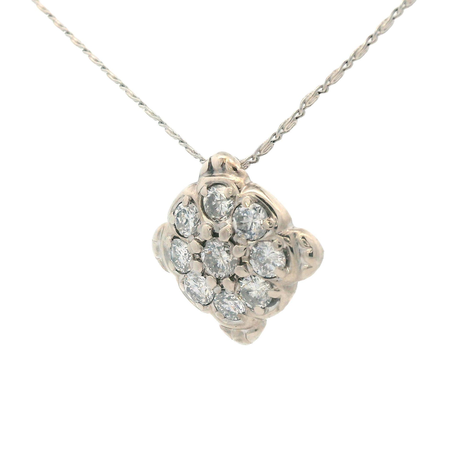 1960s 14k White Gold Diamond Cluster Pendant Necklace