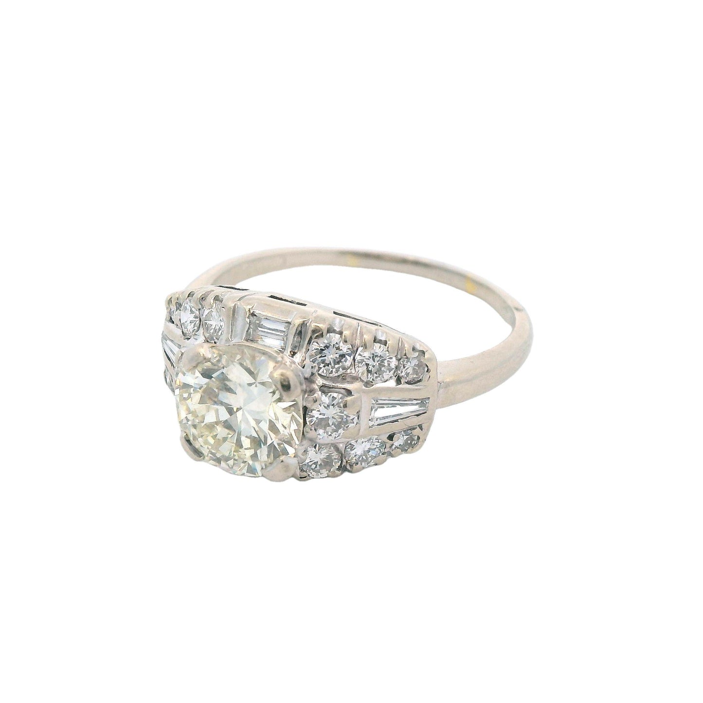 1950s Deco 14k White Gold and Round/Baguette Diamond Ring