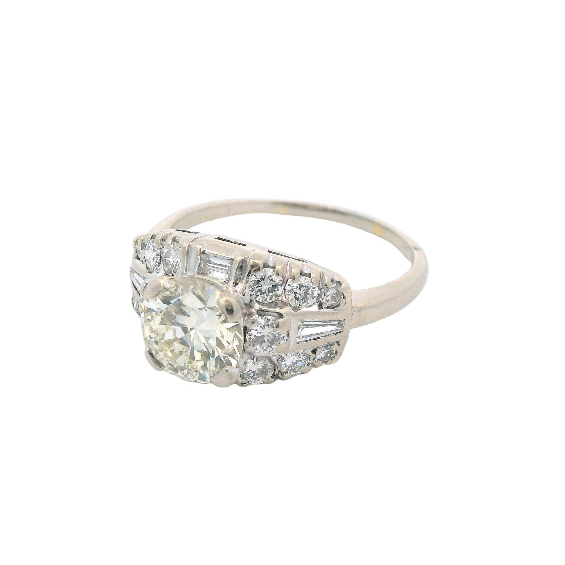 1950s Deco 14k White Gold and Round/Baguette Diamond Ring