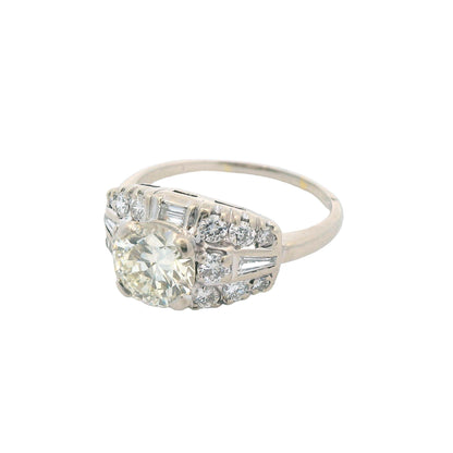 1950s Deco 14k White Gold and Round/Baguette Diamond Ring