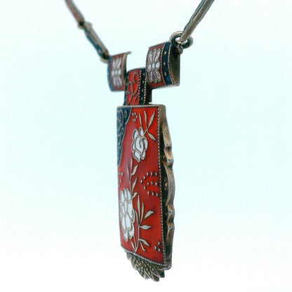 1910 Art Noveau Red, Black and White Enamel Sterling Silver Necklace