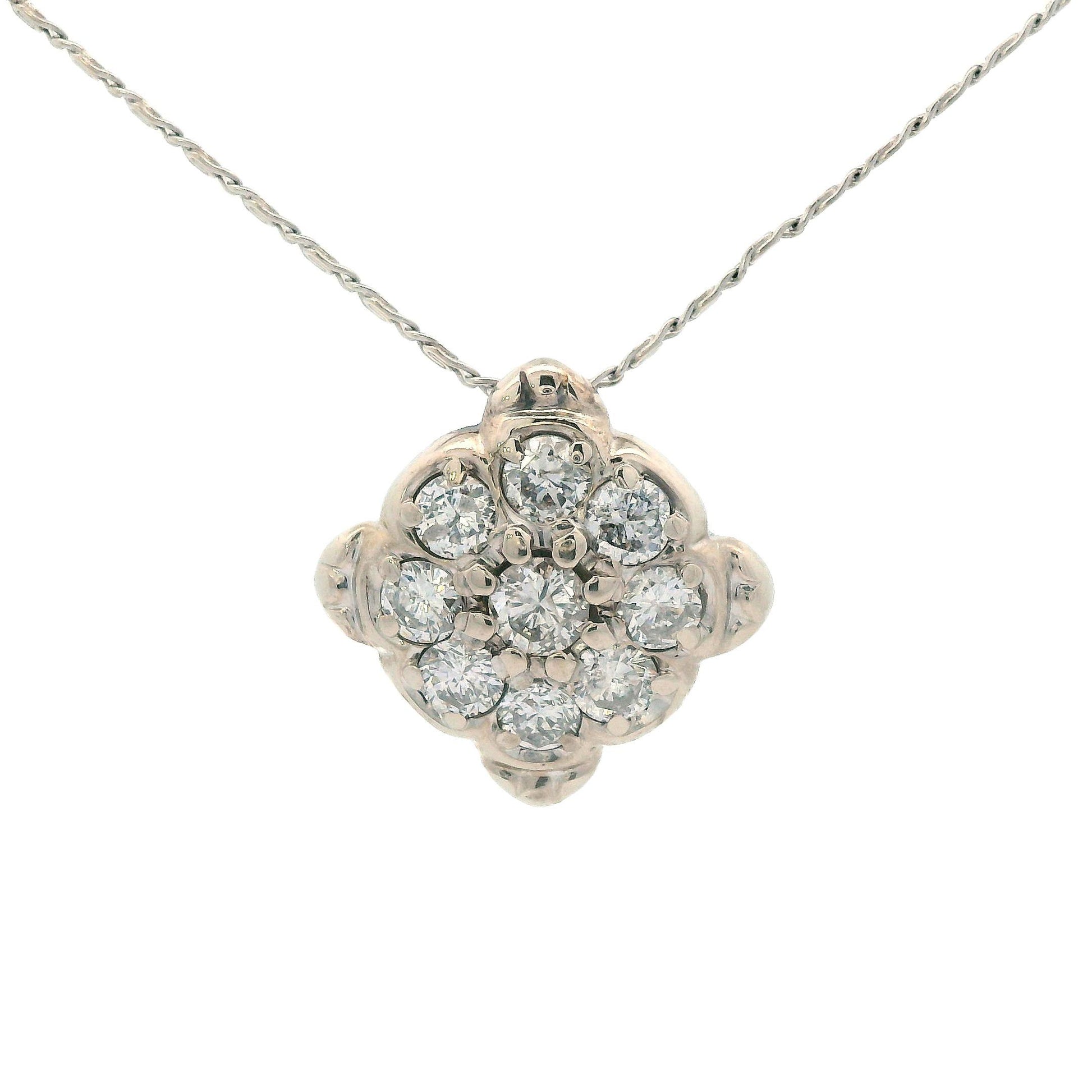 1960s 14k White Gold Diamond Cluster Pendant Necklace
