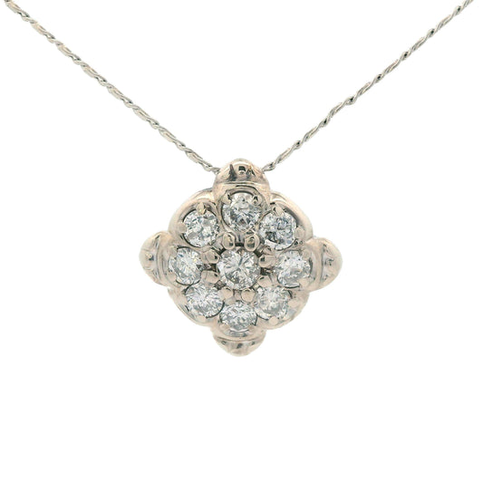1960s 14k White Gold Diamond Cluster Pendant Necklace