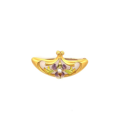 1890 Art Nouveau 14K Yellow Gold Krementz Iris with Pearl Broach