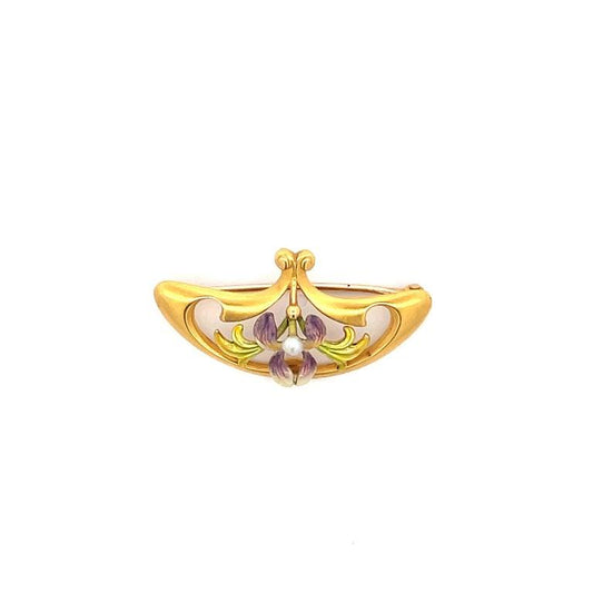 1890 Art Nouveau 14K Yellow Gold Krementz Iris with Pearl Broach