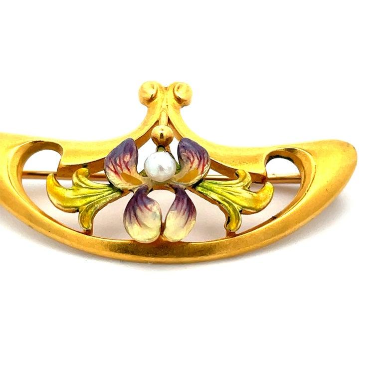 1890 Art Nouveau 14K Yellow Gold Krementz Iris with Pearl Broach