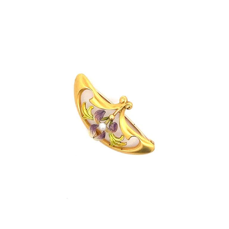 1890 Art Nouveau 14K Yellow Gold Krementz Iris with Pearl Broach
