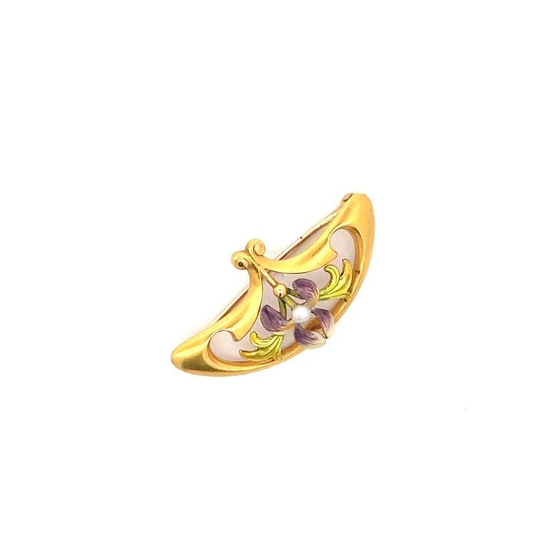 1890 Art Nouveau 14K Yellow Gold Krementz Iris with Pearl Broach