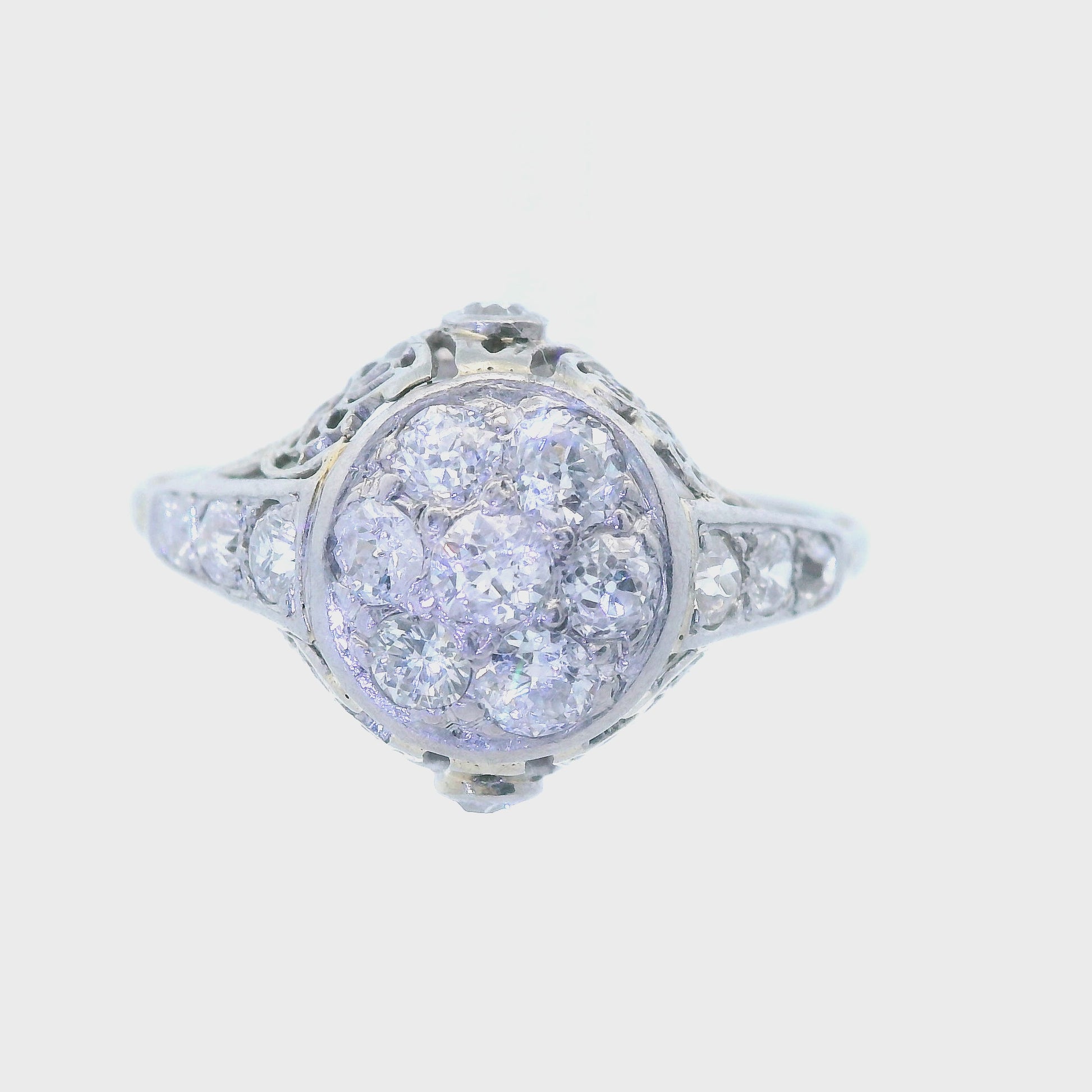 18k White Gold Old European Cut Cluster Diamond Engagement Ring