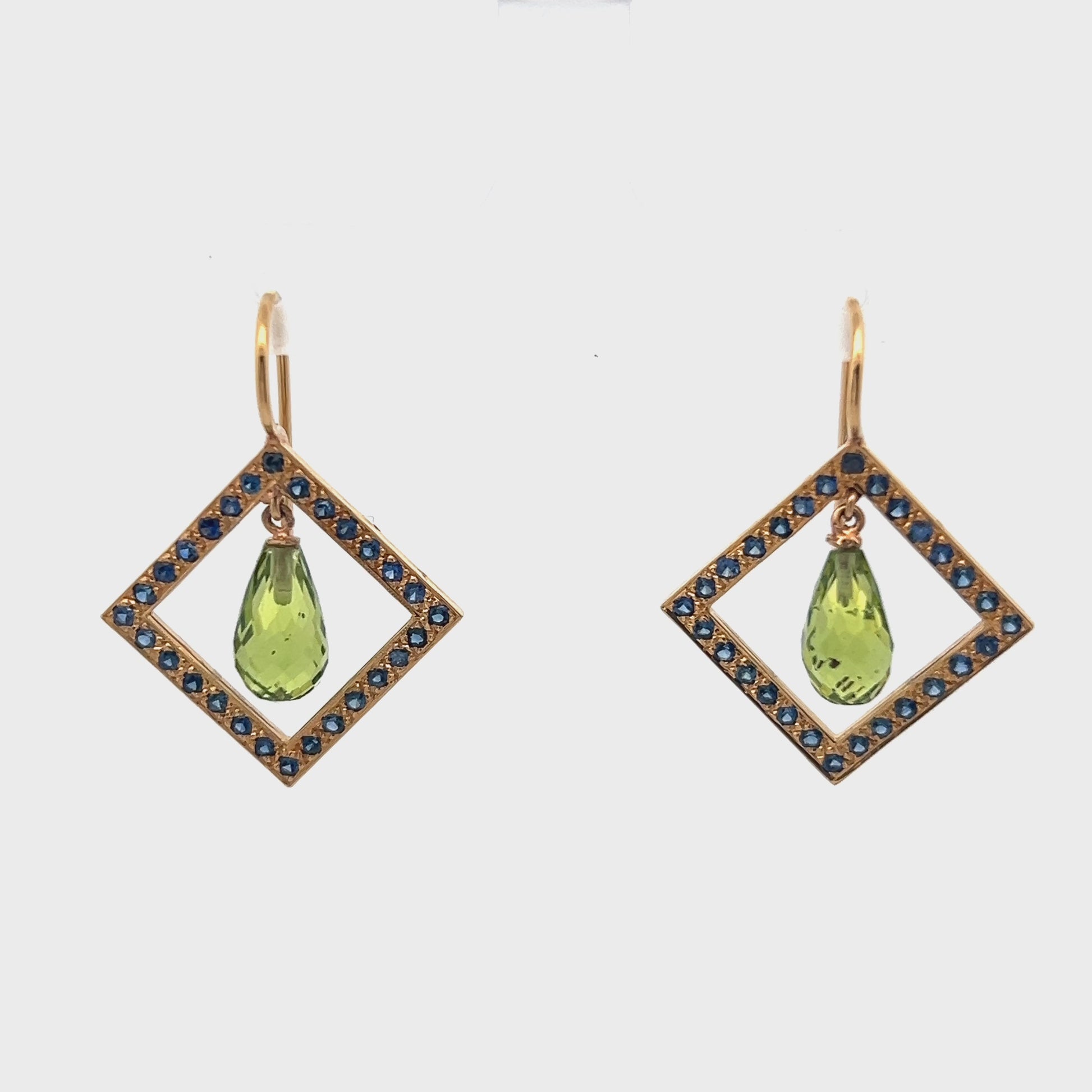 18k Yellow Gold 2.5cttw Geometric Briolette Peridot & Sapphire Dangle Earrings