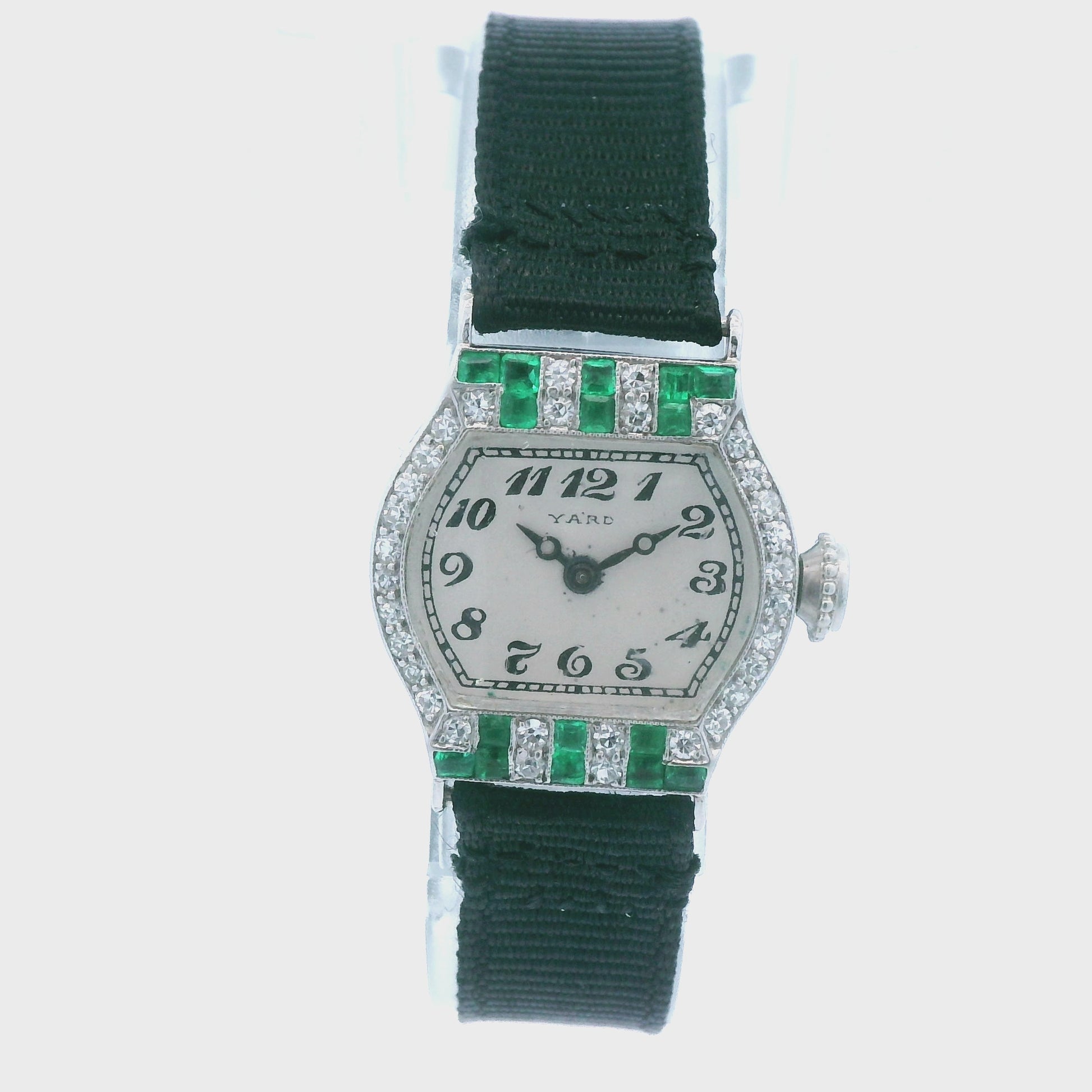 Platinum Raymond Yard Diamond and Emerald Deco Watch
