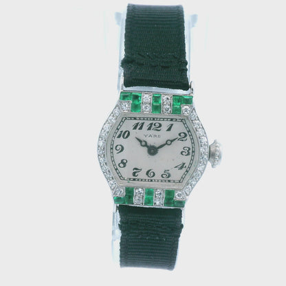 Platinum Raymond Yard Diamond and Emerald Deco Watch