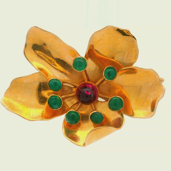 Mic Neugel MCM 18k Yellow Gold Tourmaline and Emerald Flower Brooch