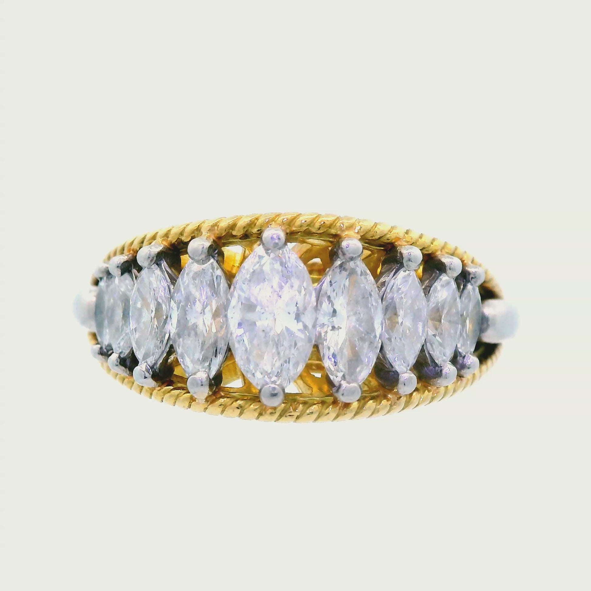 1970s Platinum and 18K Yellow Gold Marquise Diamond Band w/ Independent App.