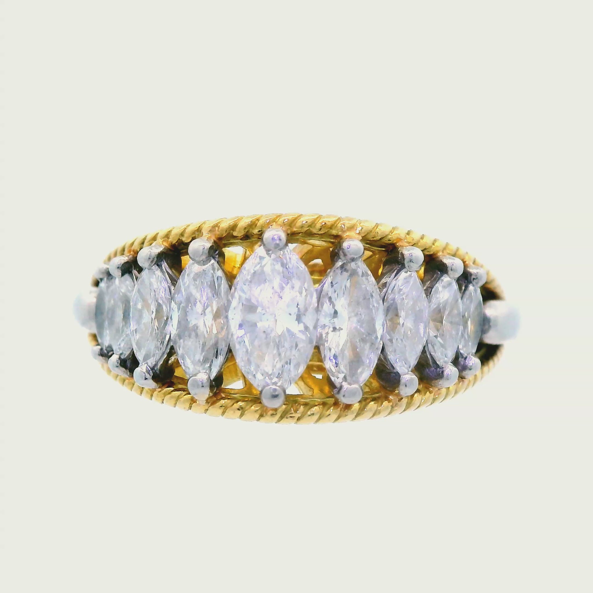 1970s Platinum and 18K Yellow Gold Marquise Diamond Band w/ Independent App.