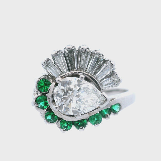 14k White Gold Pear Shaped Diamond and Emerald Ring with GIA Report
