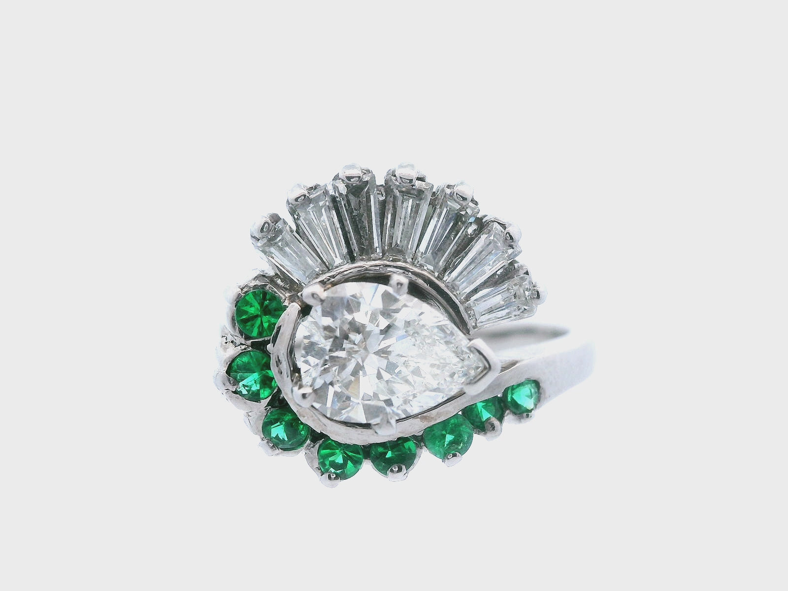 14k White Gold Pear Shaped Diamond and Emerald Ring with GIA Report
