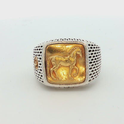 David Yurman Petrvs Horse Signet Ring 22k Yellow Gold and Sterling Silver