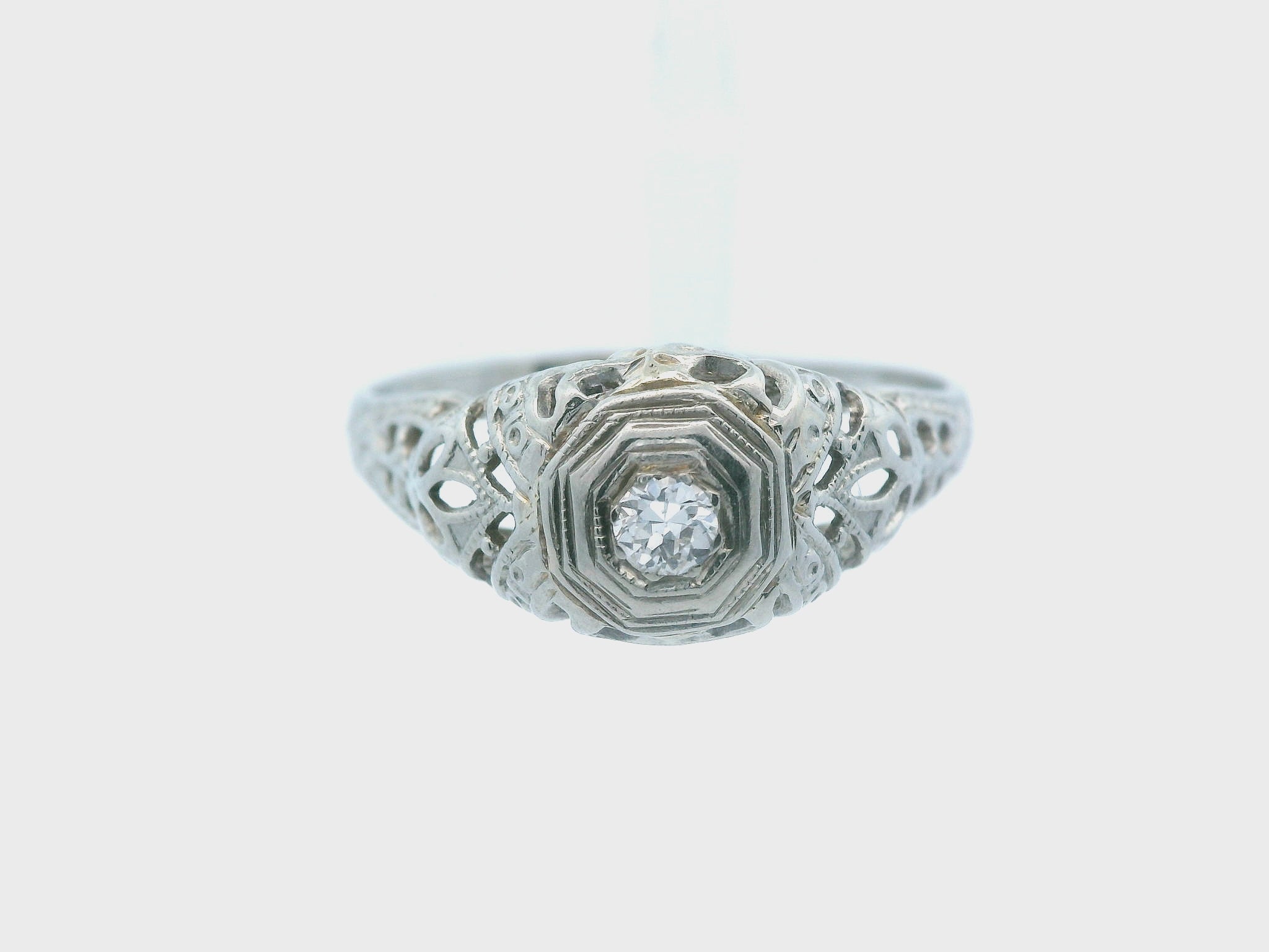 Art Deco 18k White Gold Euro Cut Diamond Filigree Engagement Ring
