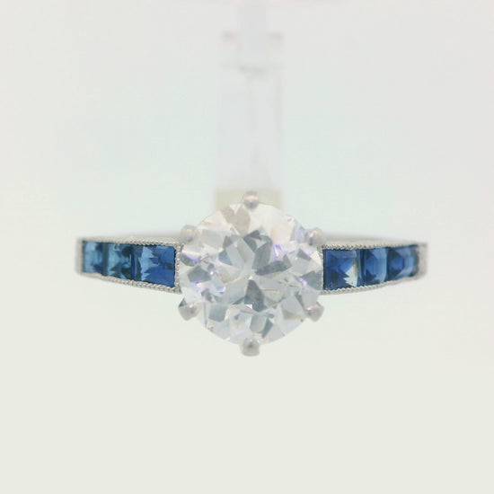 1920s Platinum Art Deco Sapphire & Diamond Engraved  Engagement Ring