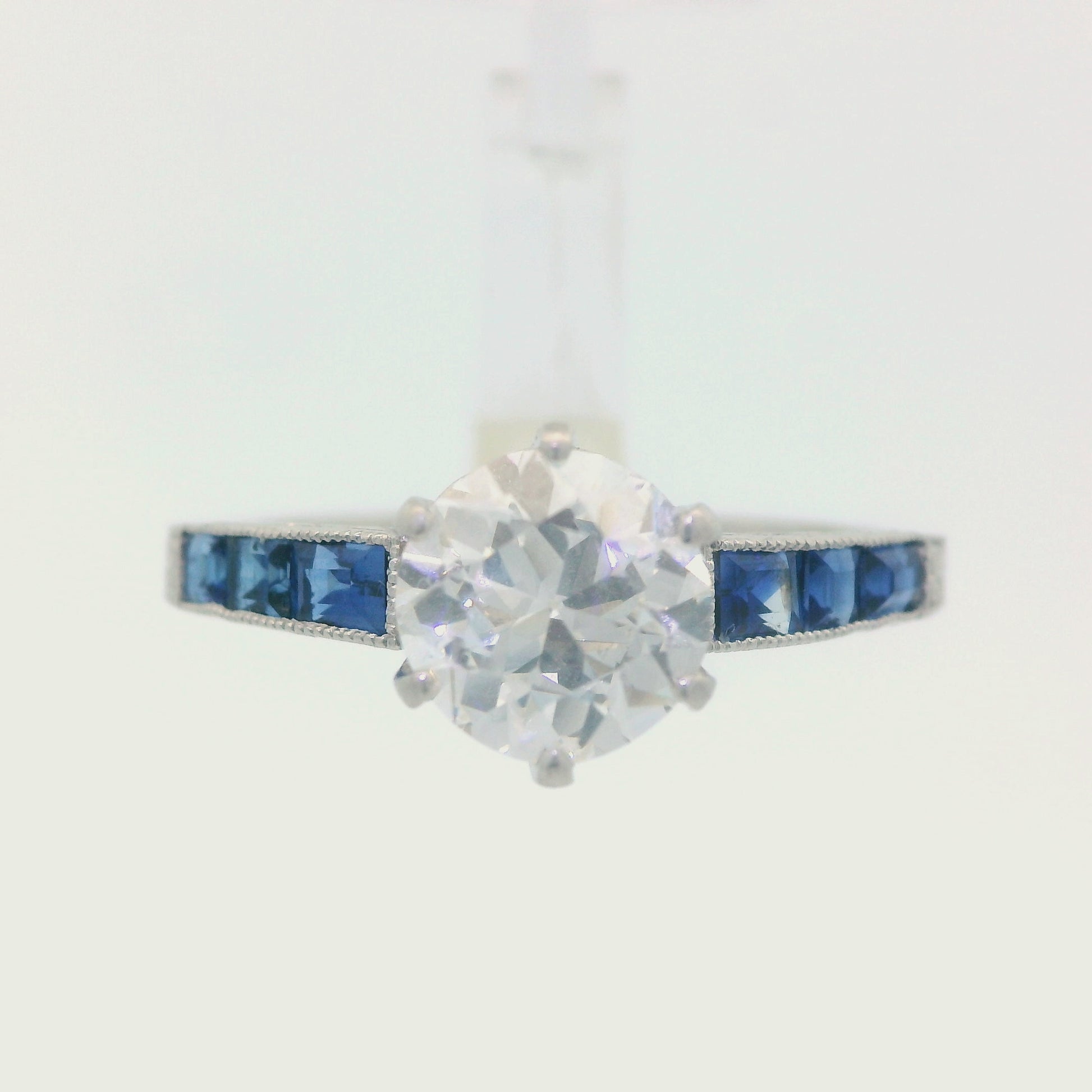 1920s Platinum Art Deco Sapphire & Diamond Engraved  Engagement Ring