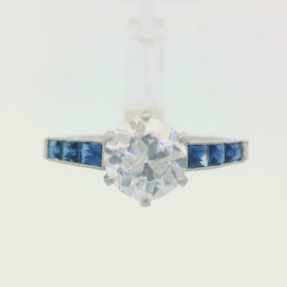 1920s Platinum Art Deco Sapphire & Diamond Engraved  Engagement Ring