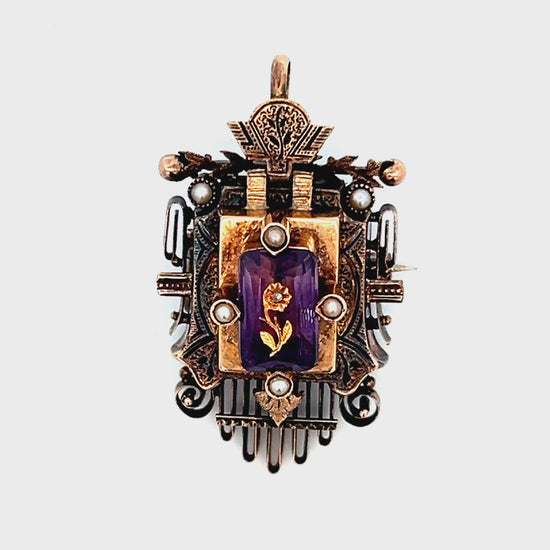 14k Yellow Gold Amethyst & Pearl 1860 Victorian Brooch