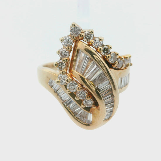 14k Yellow Gold Baguette and Round Diamond Cluster Ring