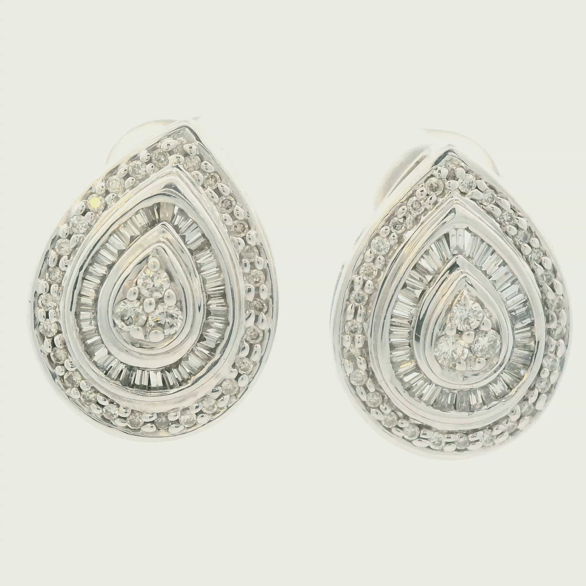 1990s 14k White Gold Baguette and Round Cut Diamond Earrings