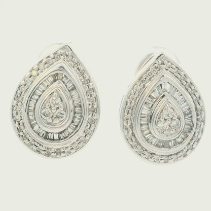 1990s 14k White Gold Baguette and Round Cut Diamond Earrings
